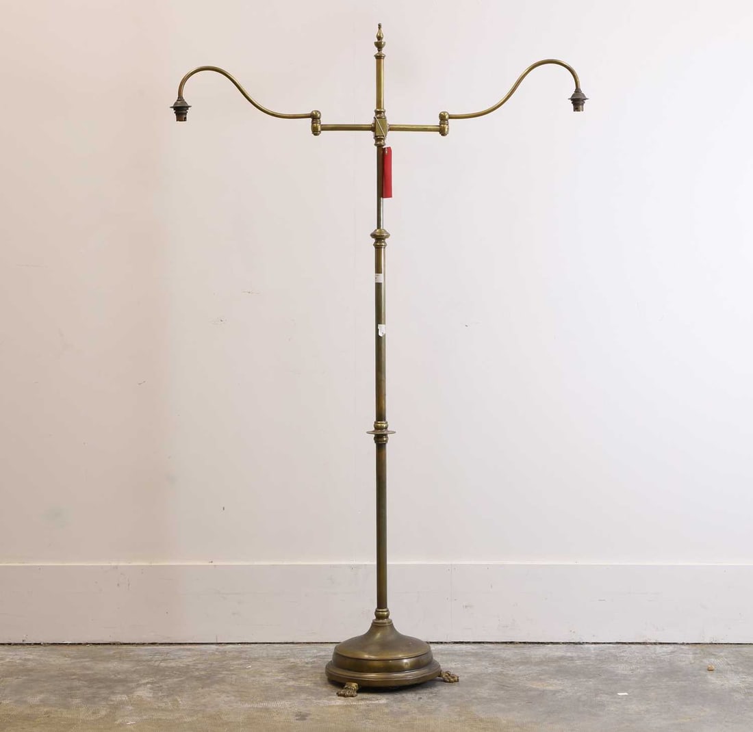 A brass twin branch extendable standard lamp, 20th century, (1 of 2)