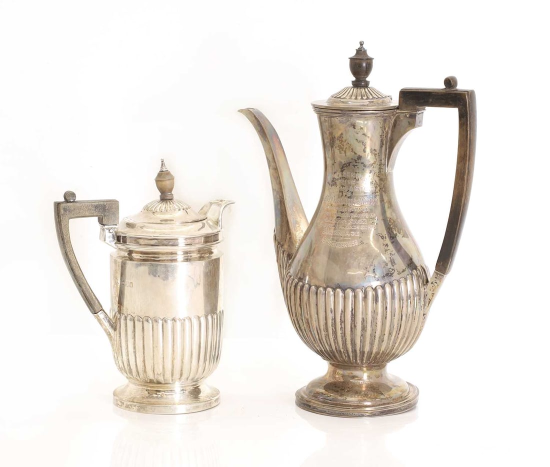 A silver coffee pot and hot water jug, (1 of 4)