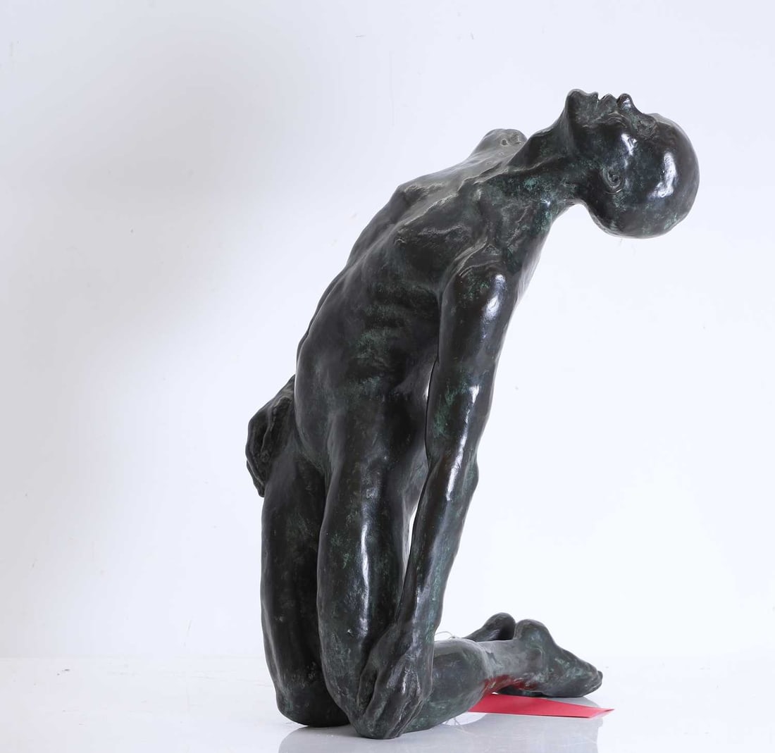 A bronze figure of a kneeling man, 20th century,: A bronze figure of a kneeling man, 20th century, after Amie-Jules Dalou, inscribed 'ALG2/6' to the base of the foot 52cm long, 25cm wide, 35cm high