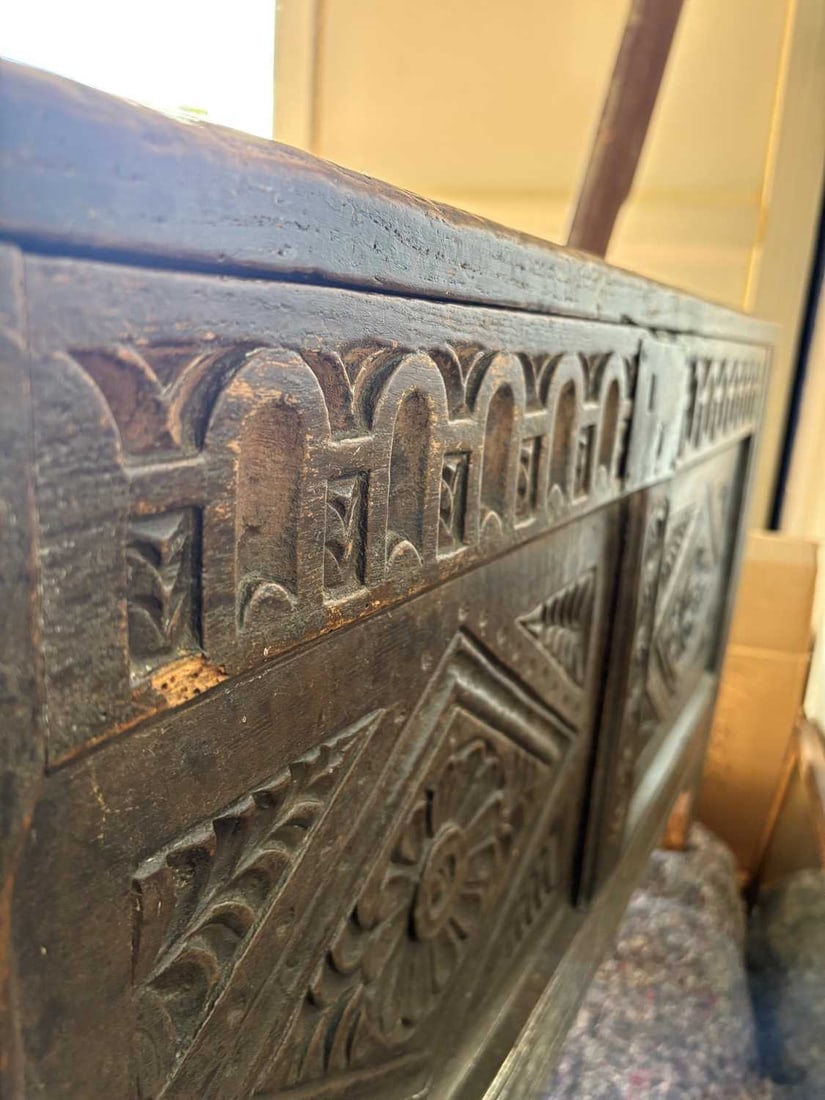 A Charles I oak coffer, early 17th century - 11