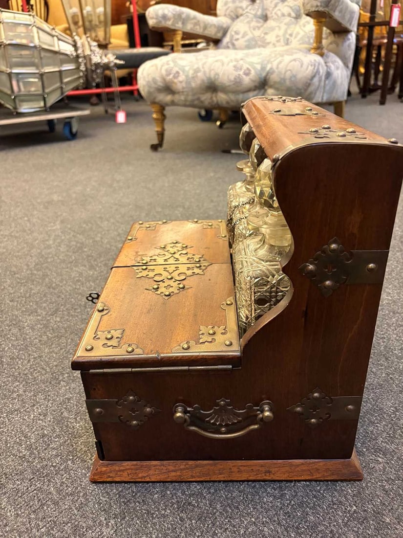 An oak travelling tantalus with games compartment early 20th century, - 6