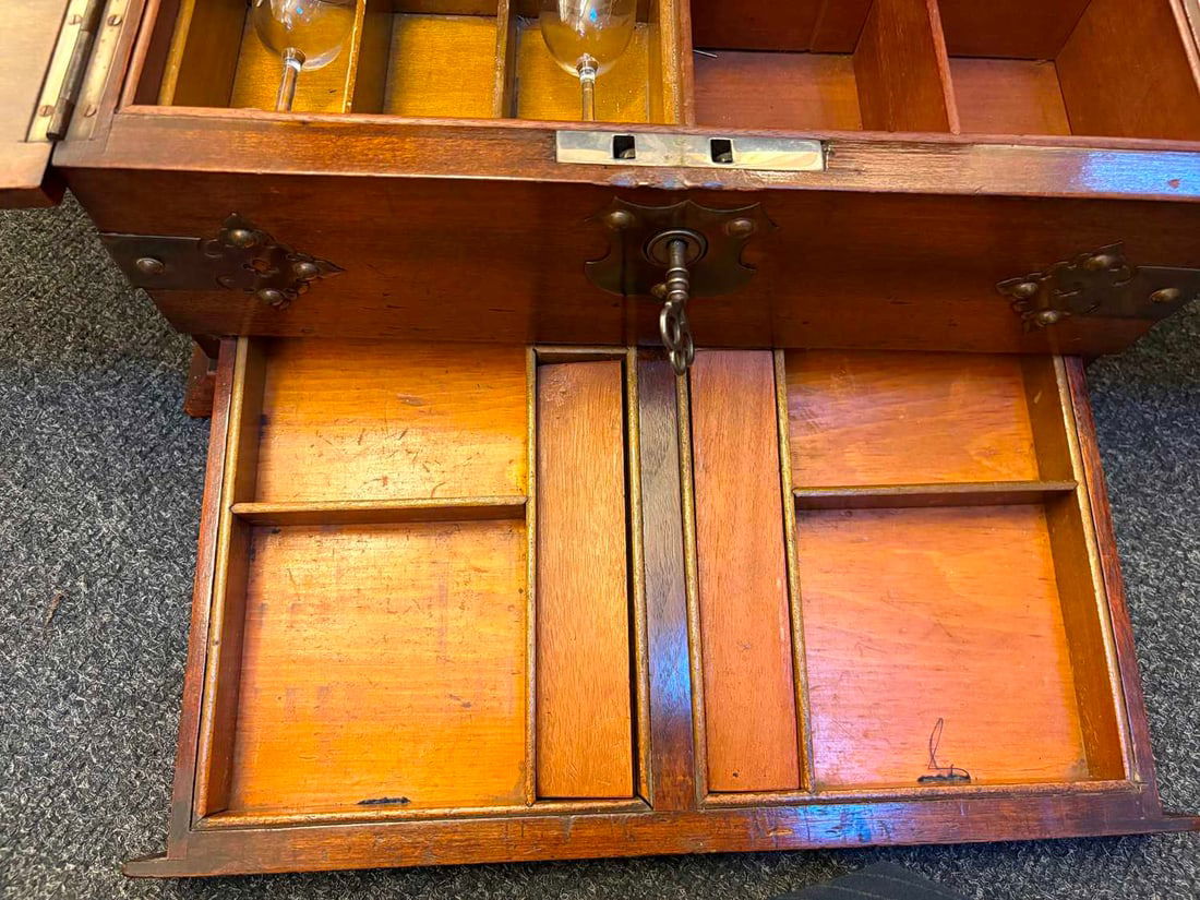 An oak travelling tantalus with games compartment early 20th century, - 8