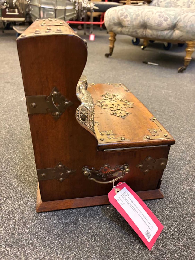 An oak travelling tantalus with games compartment early 20th century, - 9