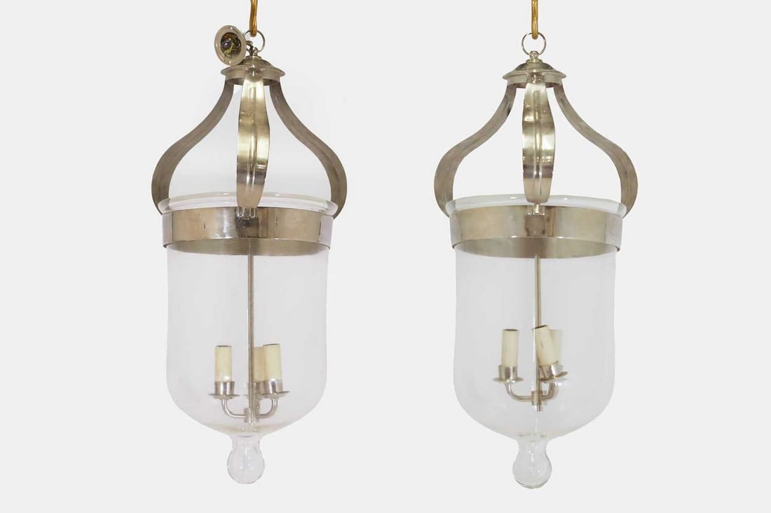 A pair of chrome and glass ceiling lanterns in the Regency taste, of recent manufacture, (1 of 4)