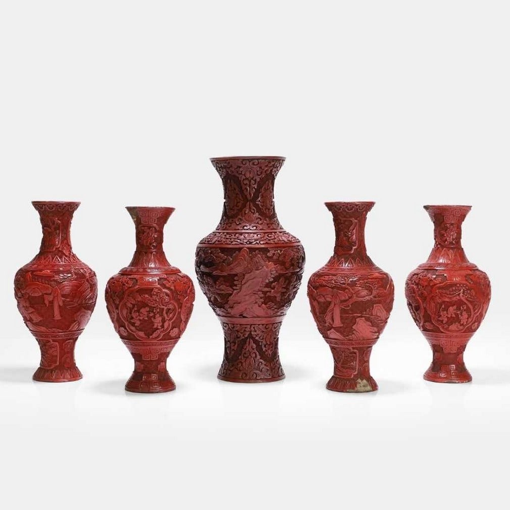 A group of red lacquer vases, 20th century, Chinese, (1 of 5)