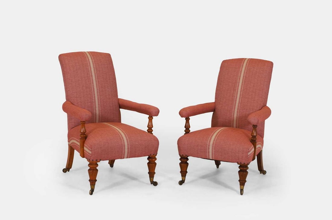 A pair of Victorian maple open armchairs, late 19th century, (1 of 3)