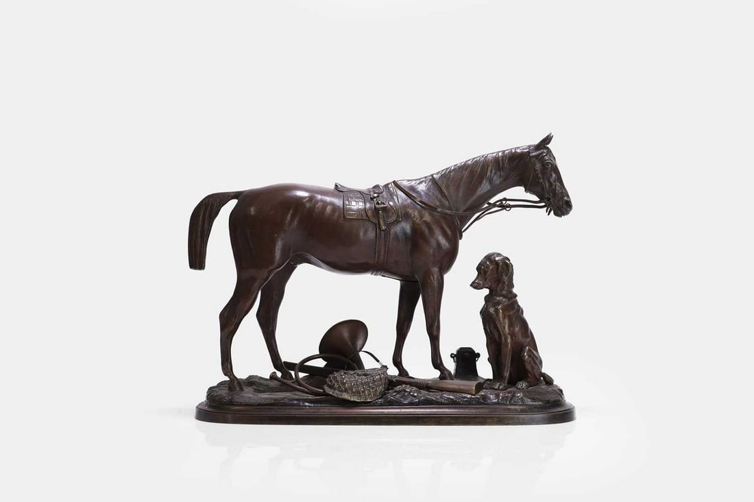 After Pierre Lenordez, a bronze model of a horse and hound, (1 of 4)