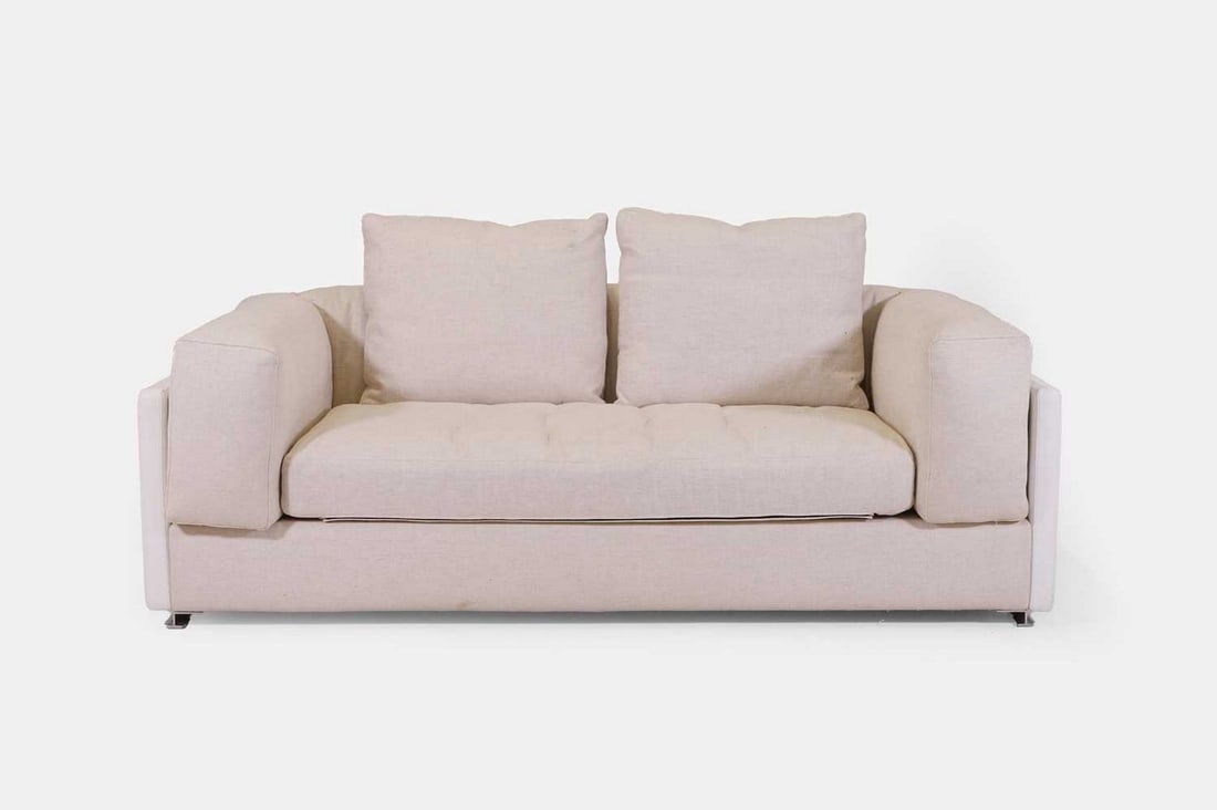 A linen and leather sofa by Minotti, of recent manufacture, Italian, (1 of 4)