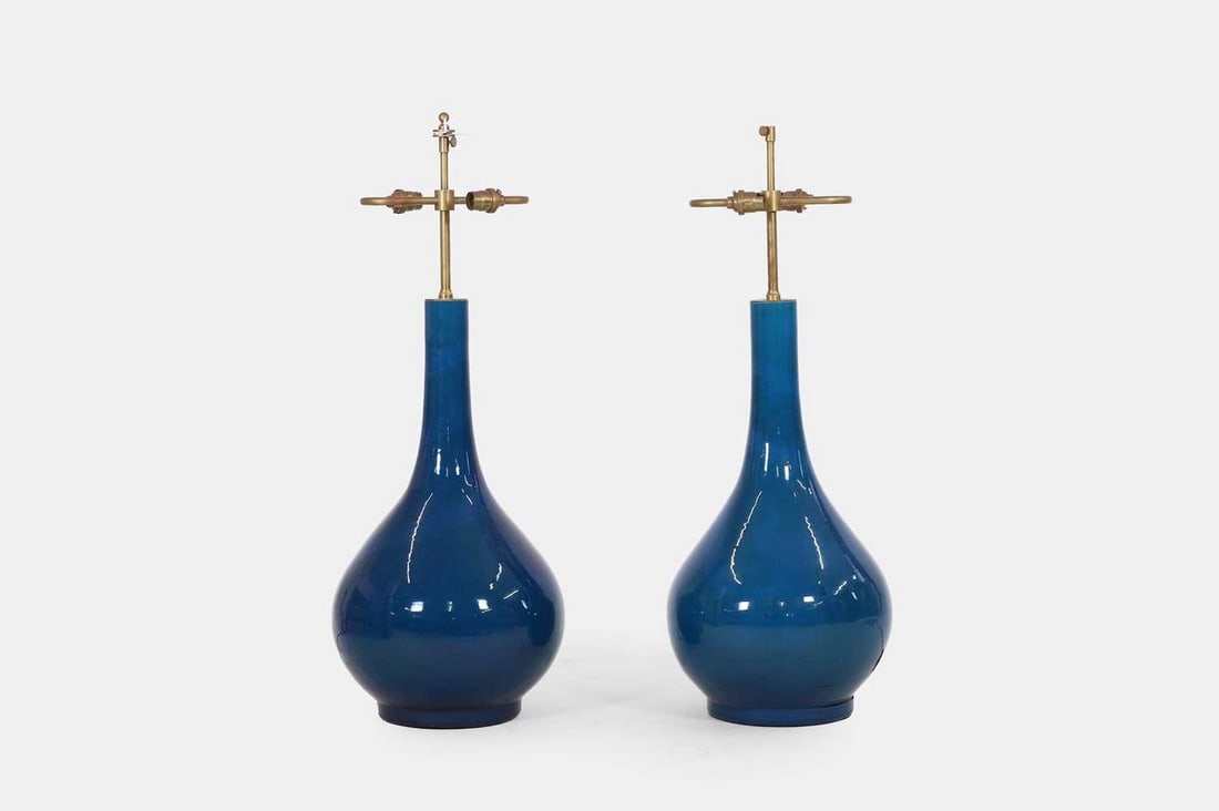A pair of blue-glazed table lamps, 20th century, (1 of 3)