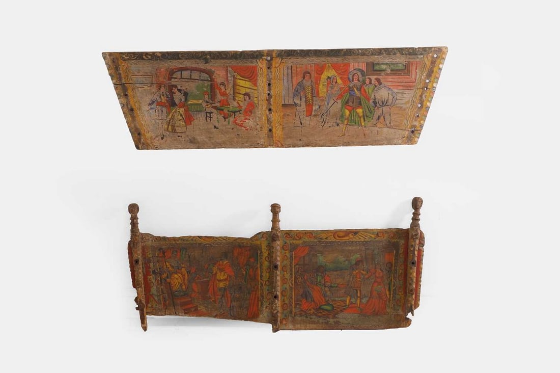 Two painted wooden cart panels, 19th century, Sicilian, (1 of 3)
