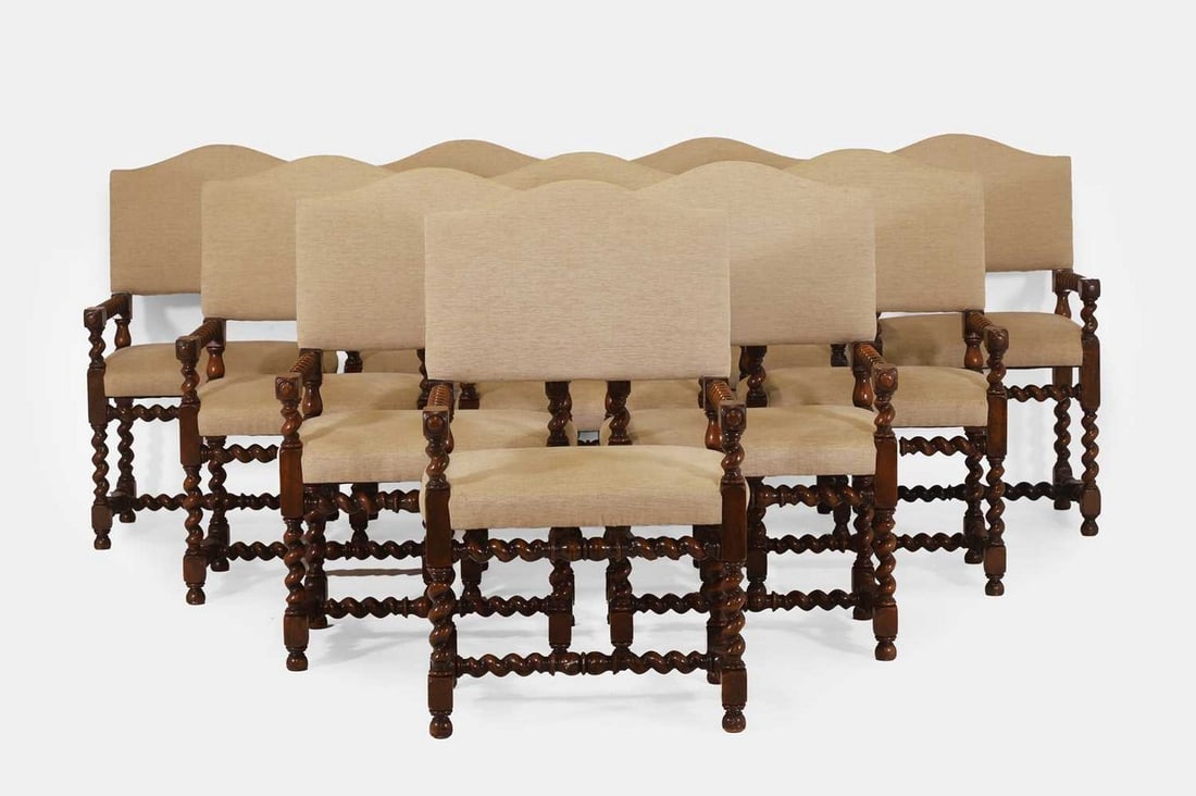 A set of ten William and Mary‑style walnut dining chairs, 20th century, (1 of 3)