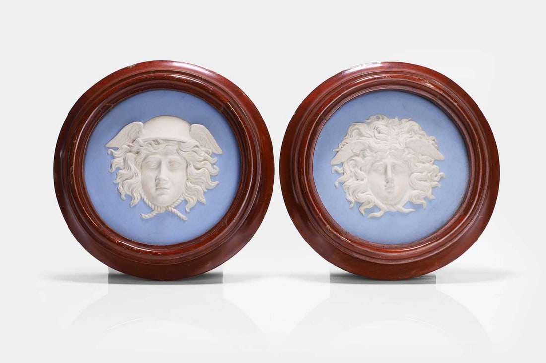 A pair of Wedgwood blue jasperware plaques, c.1891-1908, (1 of 4)