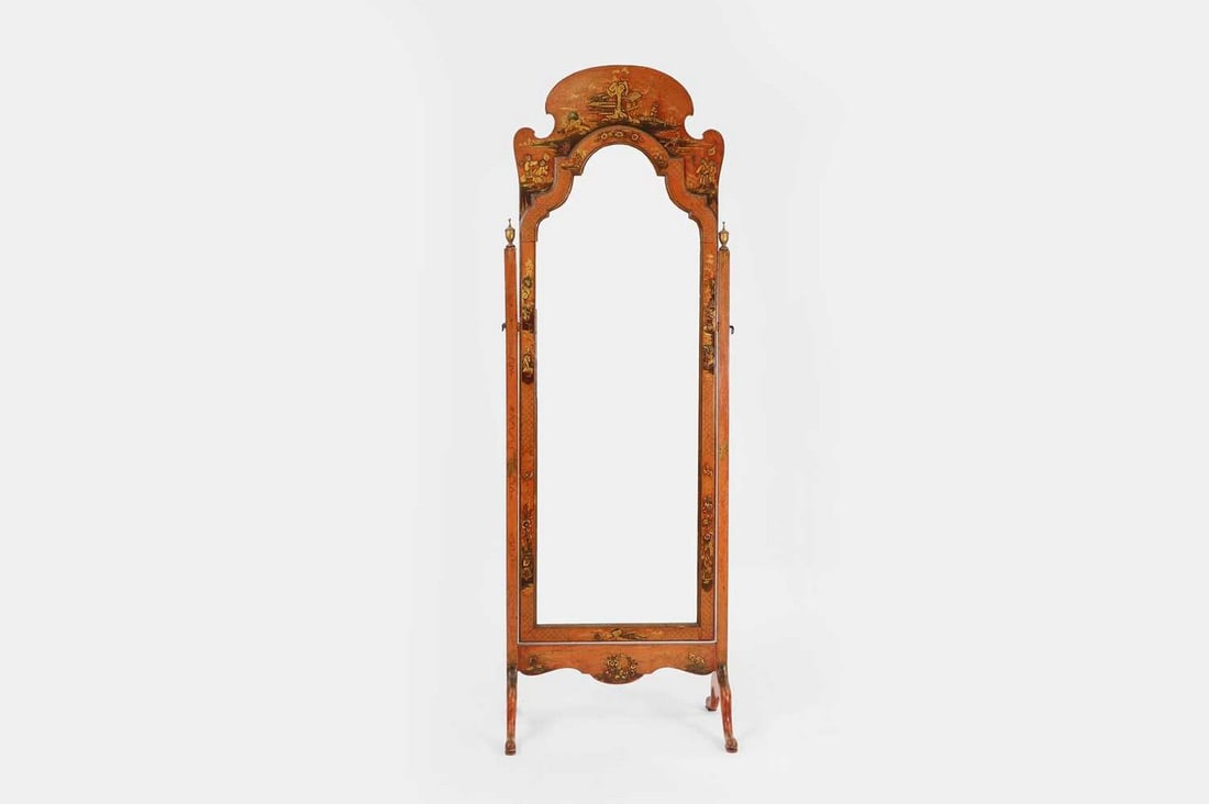 A scarlet and gilt-japanned cheval mirror in the George I taste, late 19th/early 20th century,: A scarlet and gilt-japanned cheval mirror in the George I taste, late 19th/early 20th century, with an arched top and urn finials, raised on cabriole supports, with all-over chinoiserie decoration (64