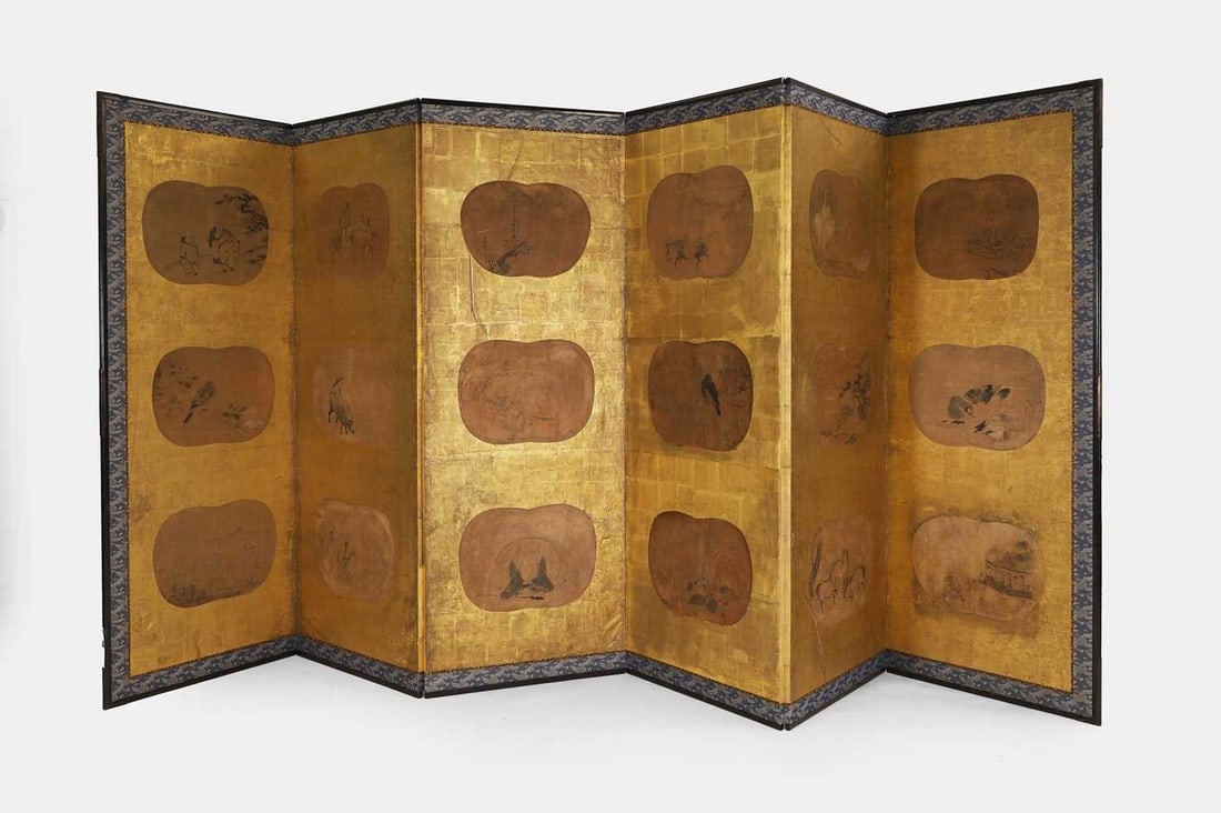 An export painted and gilt-paper folding screen, 19th century, Chinese, (1 of 3)