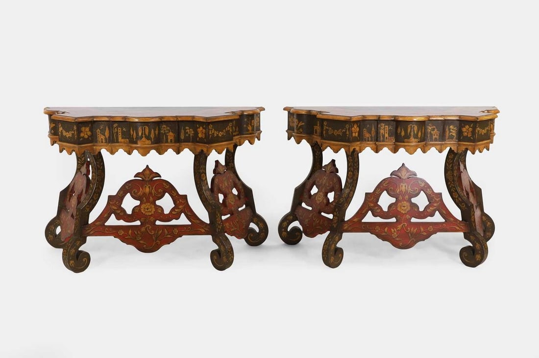 A pair of rococo-style painted wooden pier tables, of recent manufacture, Italian, (1 of 5)