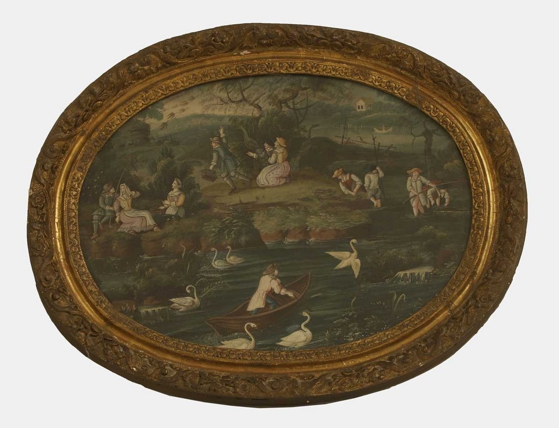 Flemish School, 18th century Figures and birds by a river: Flemish School, 18th century Figures and birds by a river naïve watercolour and gouache, oval (29.5 x 41.5cm, framed 41 x 53cm) Provenance: The Selected Contents of Tulip Tree House, Great Tew, O