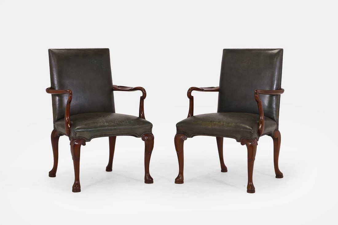 A pair of George I-style mahogany library armchairs, 20th century, (1 of 3)