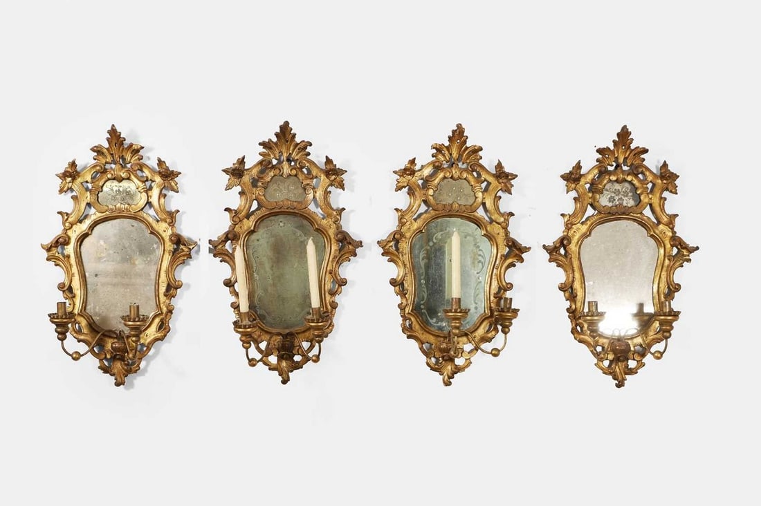 Two pairs of rococo-style carved giltwood girandoles, late 19th/early 20th century, Italian, (1 of 5)