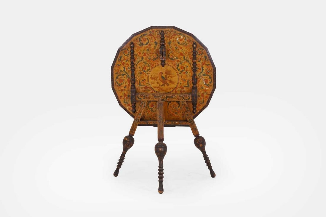 A painted pine tripod table, late 18th/early 19th century, Dutch, probably Hindeloopen,: A painted pine tripod table, late 18th/early 19th century, Dutch, probably Hindeloopen, the faceted tilt top raised on square and ring-turned supports terminating in peg feet, decorated all over with