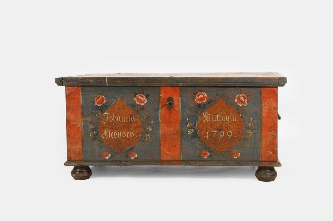A painted wooden marriage chest, late 18th/early 19th century, Northern European, (1 of 5)