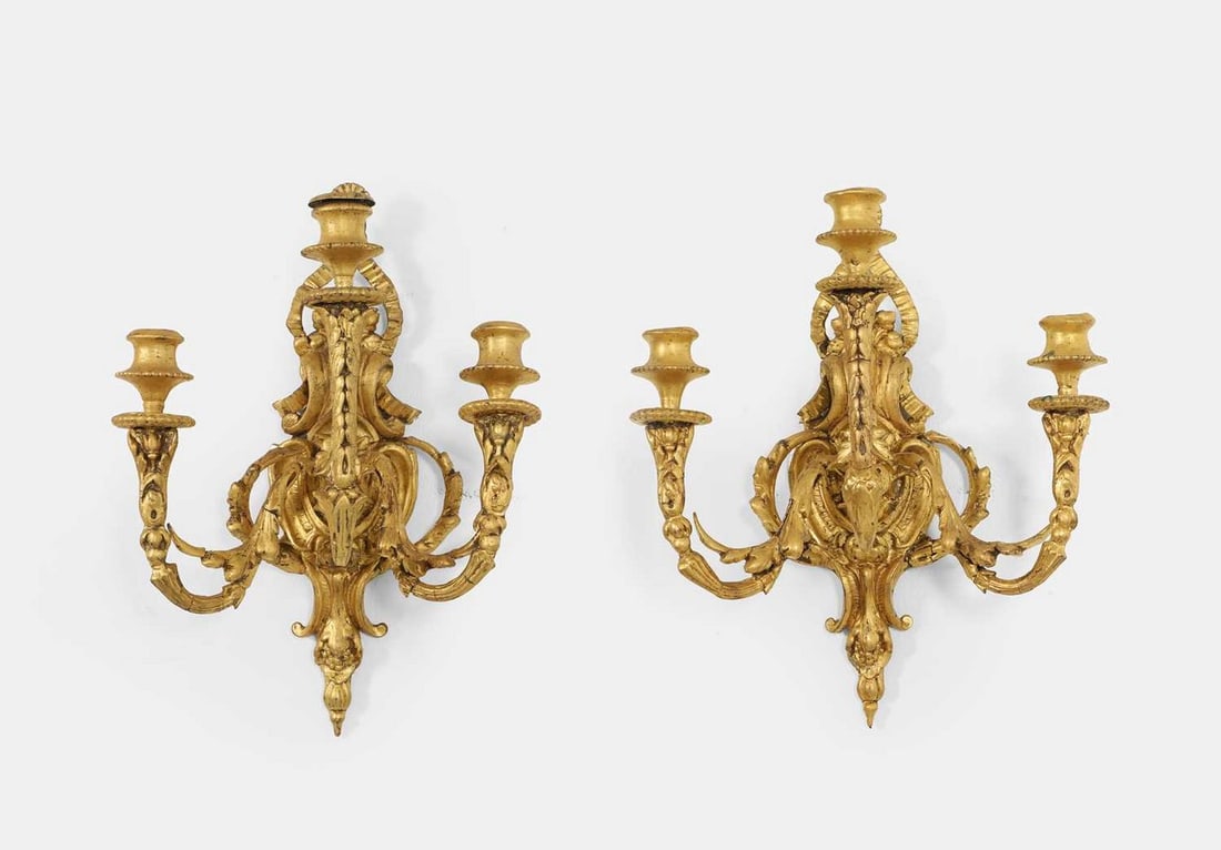 A pair of Louis XVI-style giltwood and composition wall lights, second half of the 19th century, (1 of 7)