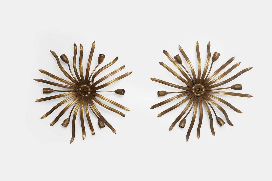 A pair of Ferro Arte gilt-metal ceiling lights, mid to late 20th century, Spanish, (1 of 3)