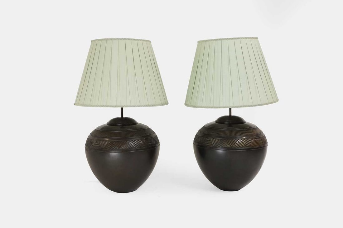 A pair of bronzed-metal table lamps, of recent manufacture, (1 of 3)