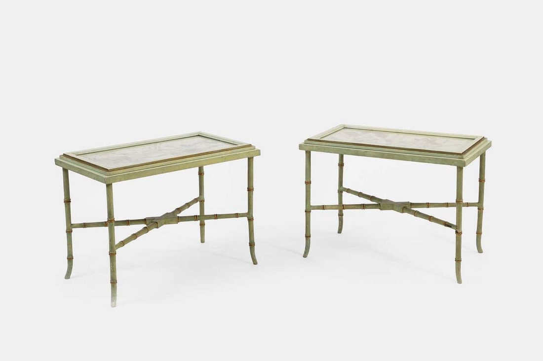 A pair of chinoiserie painted and parcel-gilt wooden side tables, 20th century,: A pair of chinoiserie painted and parcel-gilt wooden side tables, 20th century, each stepped rectangular top inset with an earlier Chinese watercolour painting, depicting figures in a country landscap