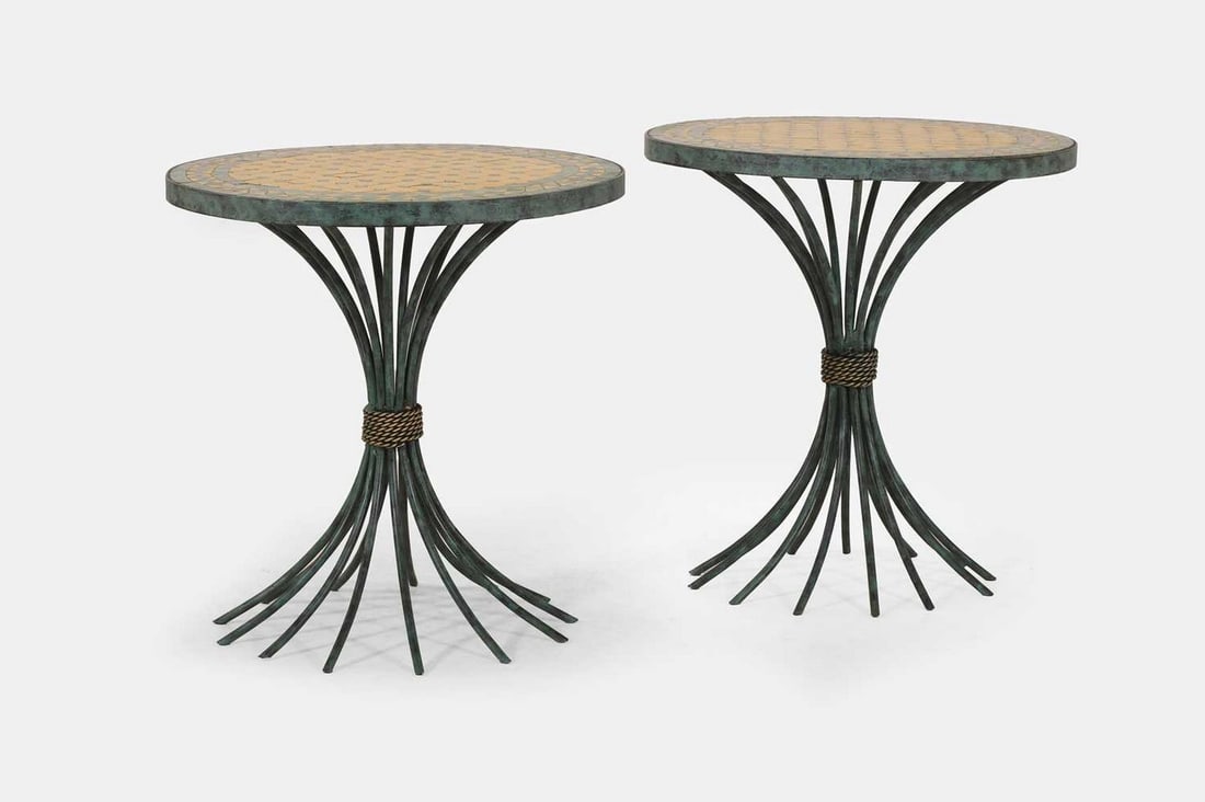 A pair of patinated metal side tables, of recent manufacture,: A pair of patinated metal side tables, of recent manufacture, each with a tiled mosaic circular top, raised on a wheatsheaf base, with a verdigris finish (51cm diameter, 53cm high) (2) Condition Repor