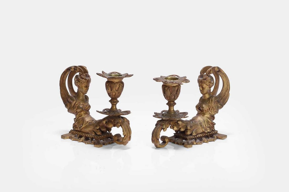 A pair of ormolu candlesticks, 19th century, French, (1 of 3)