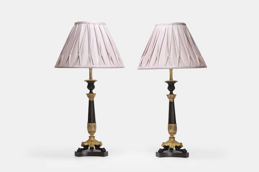 A pair of patinated and gilt-bronze candlestick lamps, early/mid-19th century, French, (1 of 4)