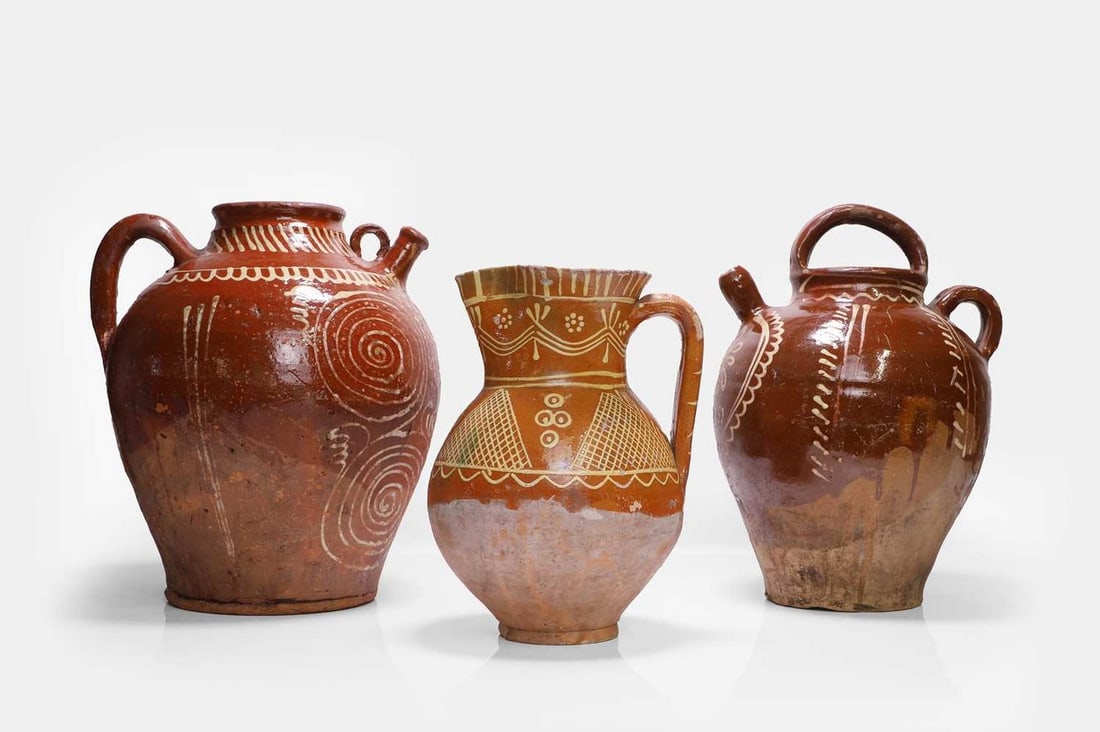 Two glazed terracotta jugs, 19th century, French, Val de Saône, Lyon, (1 of 3)