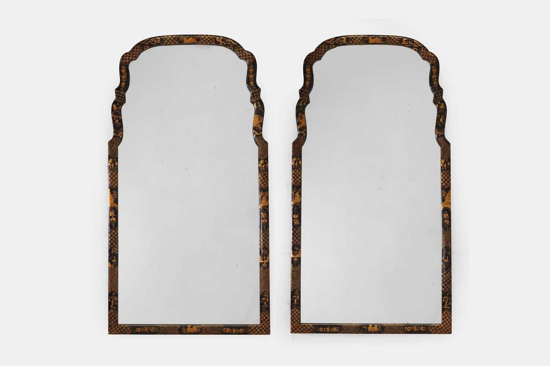 A pair of George I-style black and gilt-japanned chinoiserie pier mirrors, 20th century, (1 of 6)