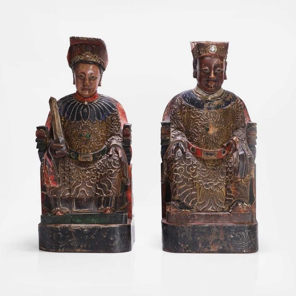 A pair of carved and painted wood seated figures, mid-19th century, Chinese, (1 of 5)