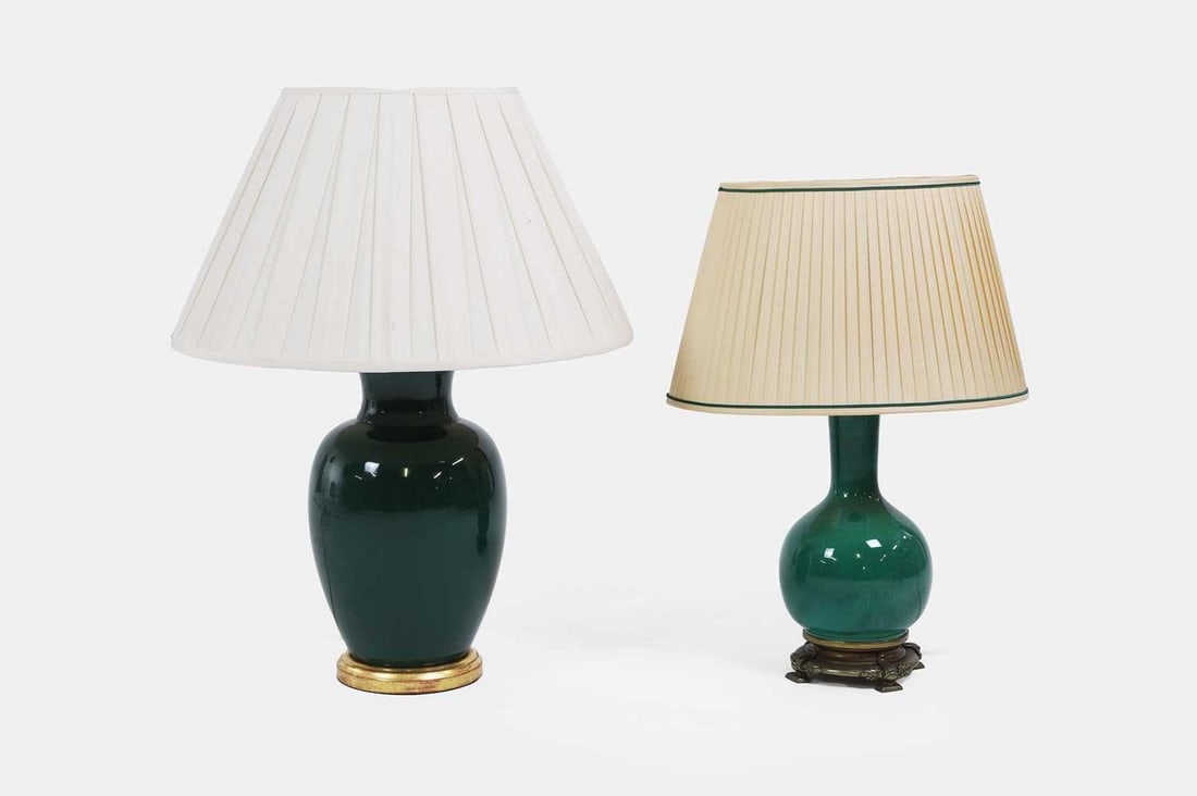 Two green-glazed table lamps, of recent manufacture, (1 of 3)