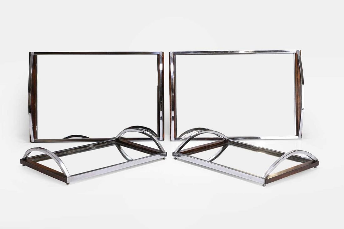 Two pairs of Art Deco mirrored glass, chrome and laminated wood trays, mid-20th century, probably by (1 of 4)