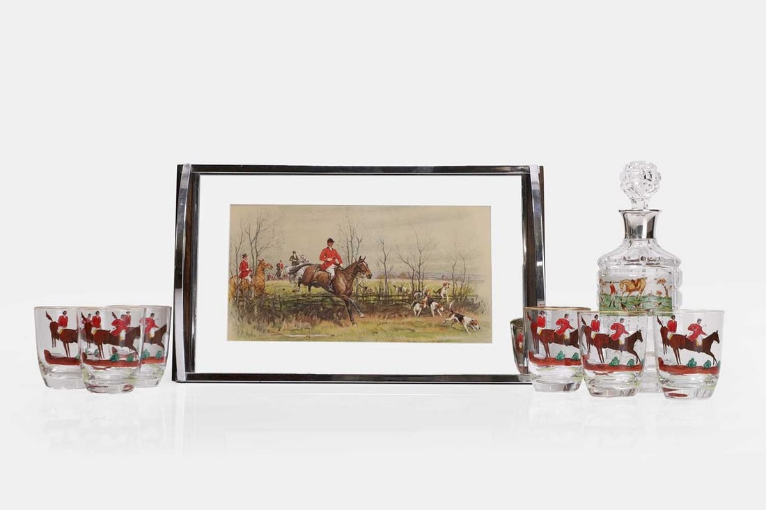 An eight-piece enamel-painted glass drinks set, second quarter of the 20th century,: An eight-piece enamel-painted glass drinks set, second quarter of the 20th century, comprising a silver-mounted cut-glass decanter and stopper, the silver by Goldsmiths' and Silversmiths', Birmingham