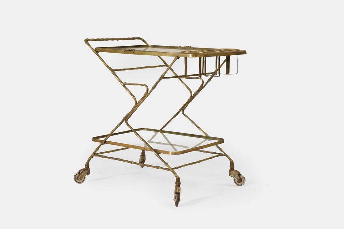 A brass and glass drinks trolley, 20th century, (1 of 3)