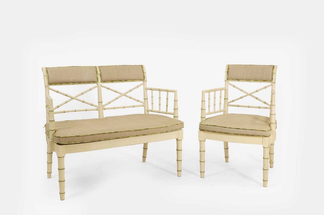 A Regency-style painted wooden faux bamboo settee, of recent manufacture, (1 of 3)