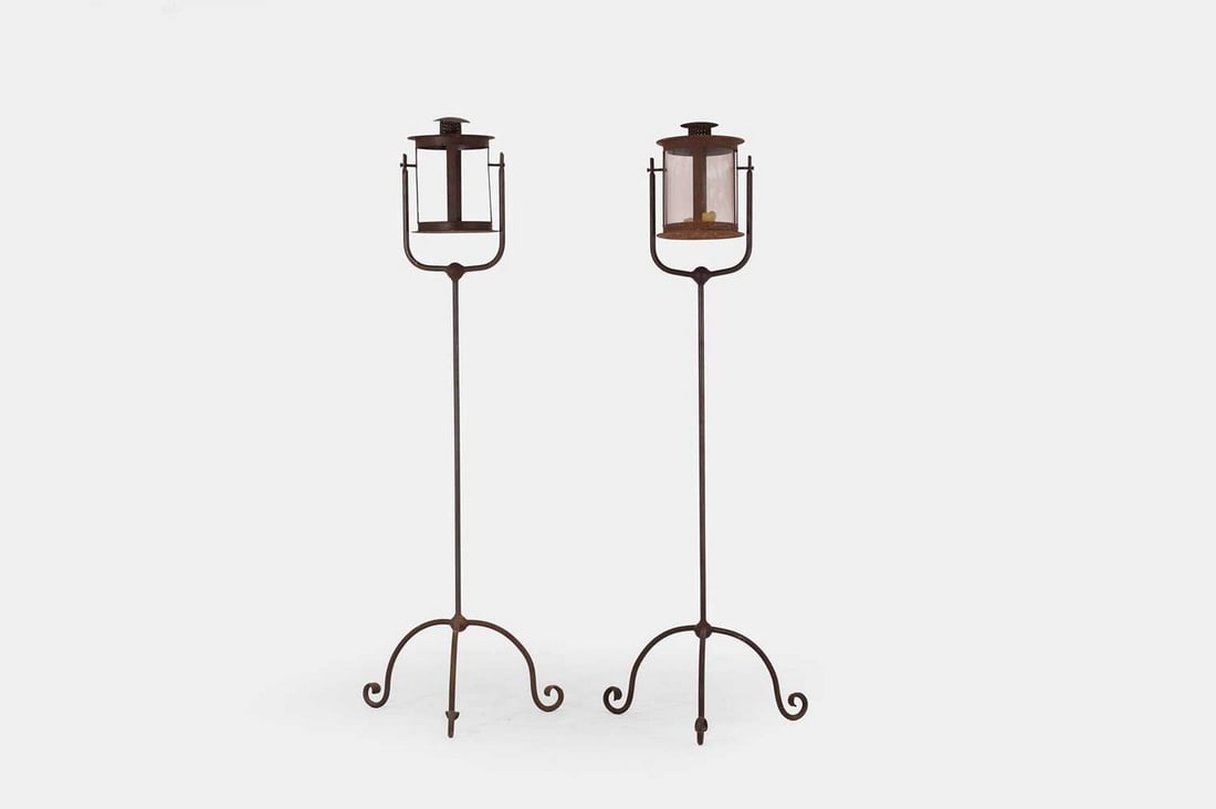 A pair of iron lantern stands with lamps, 20th century, (1 of 3)