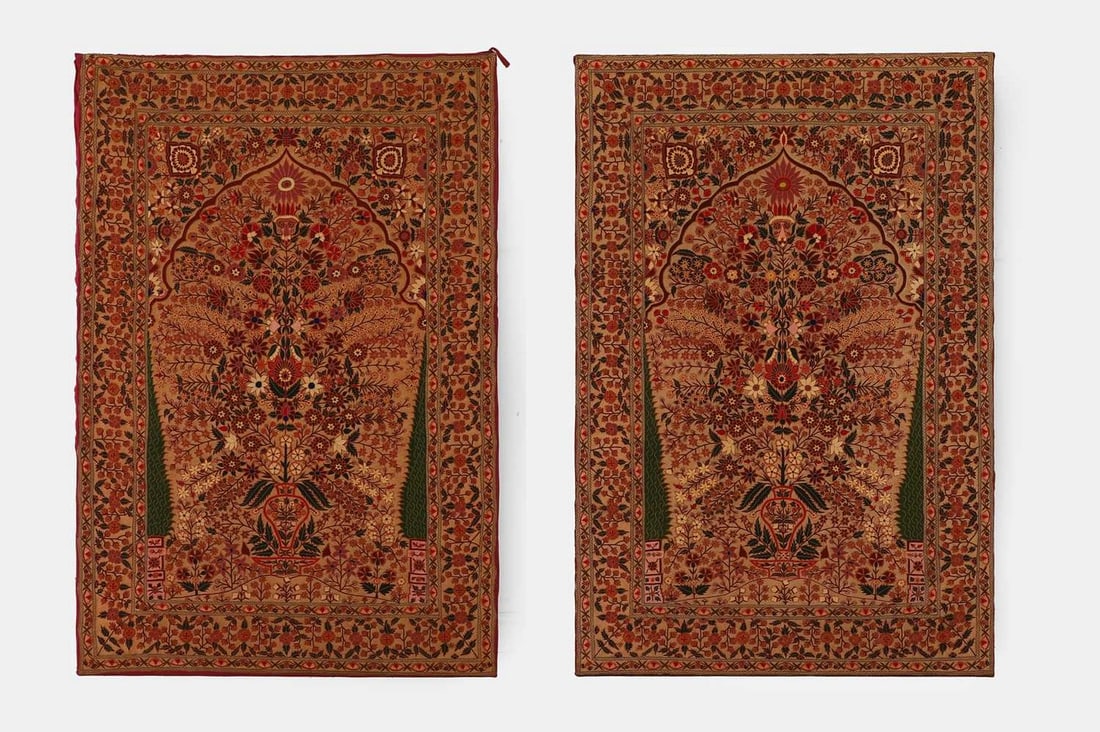 A pair of crewelwork hangings, 20th century, Indian, Kashmir, (1 of 7)
