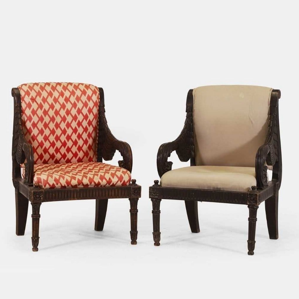 A pair of Empire-style carved beech armchairs, c.1900, (1 of 7)