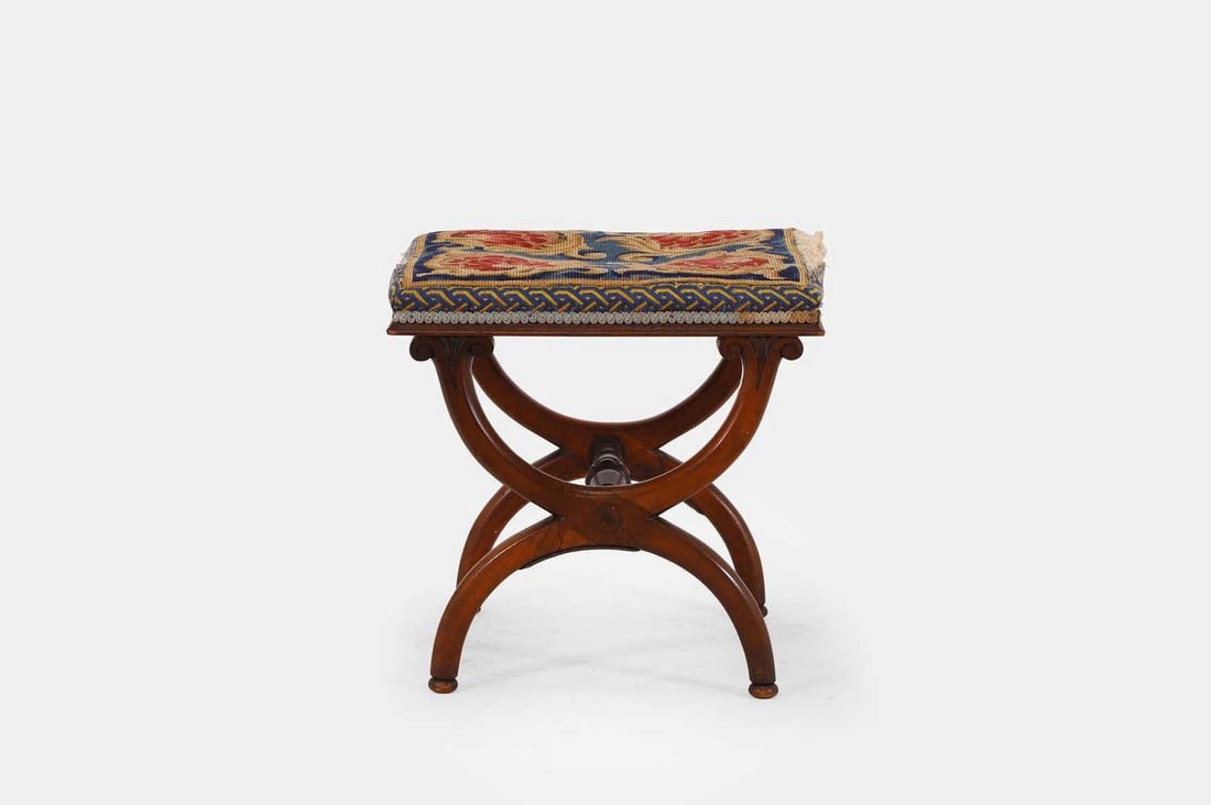 An early Victorian mahogany 'X'-framed stool, c.1840, (1 of 4)