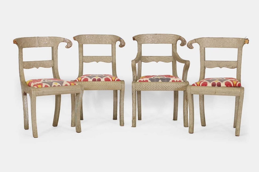 A set of four white metal-clad side chairs in the Regency taste, 20th century, (1 of 4)