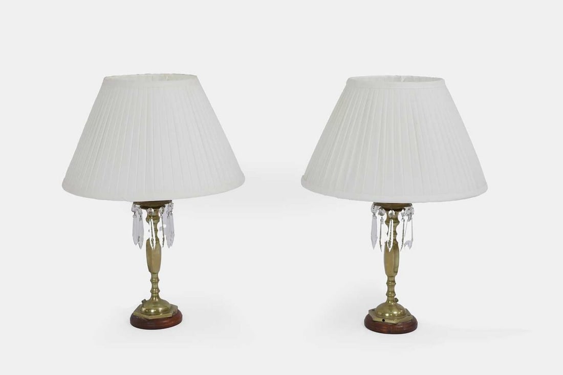 A pair of brass and glass table lamps, 20th century, (1 of 3)