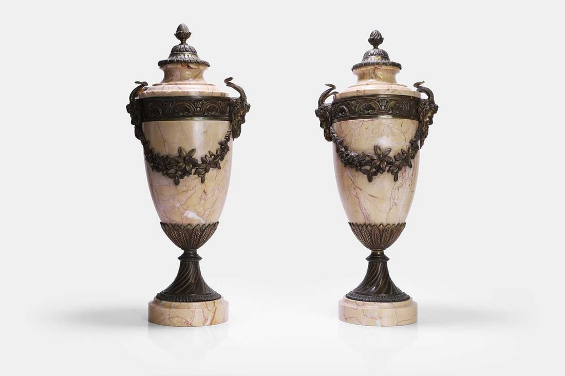 A pair of Louis XVI-style carved marble and gilt-metal urns, early 20th century, French, (1 of 3)