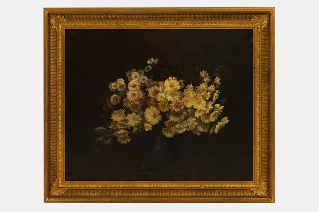 French School, circa 1900 A still life of a pot of chrysanthemums on a draped table: French School, circa 1900 A still life of a pot of chrysanthemums on a draped table oil on canvas (82 x 100cm; framed 102.5 x 120cm) Provenance: Donnington Castle House, Newbury, Berkshire. Condition