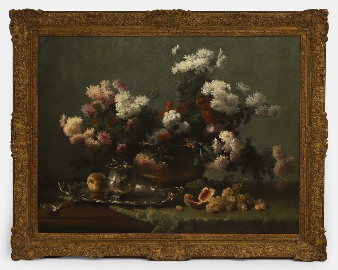 Eugène Petit (French, 1839-1886) Chrysanthemums in an urn, with a silver tray and jug on a: Eugène Petit (French, 1839-1886) Chrysanthemums in an urn, with a silver tray and jug on a draped table signed and dated 'Eugene Petit 75' l.r., oil on canvas (94 x 128cm; framed 115 x 143cm) Pro