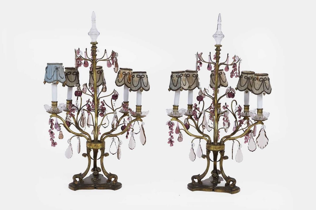 A pair of gilt-brass, clear and amethyst glass table lamps, early 20th century, French, (1 of 3)