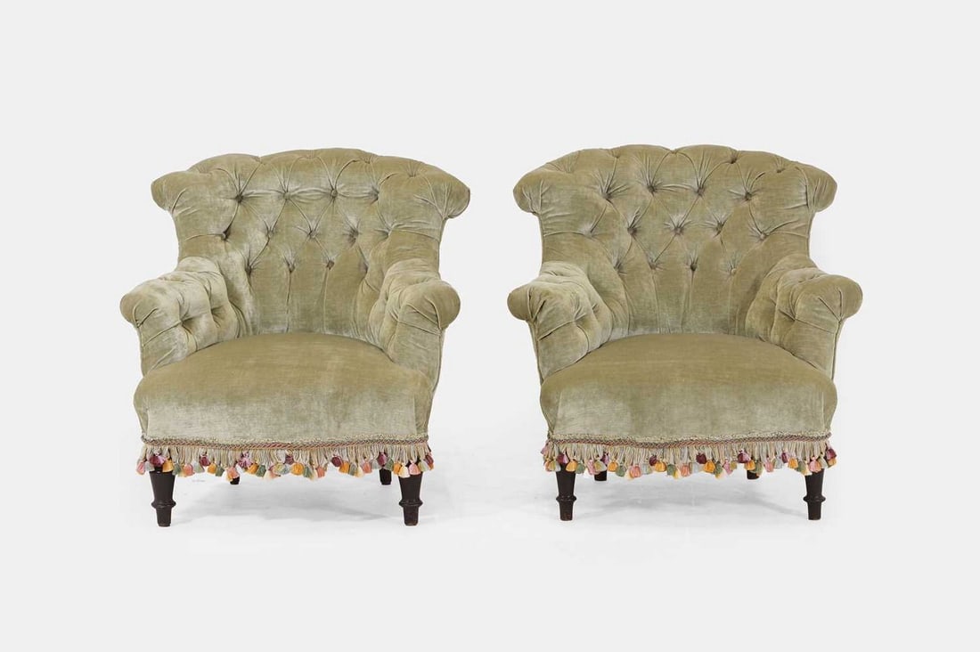A pair of small Napoleon III upholstered armchairs, mid-19th century, French, (1 of 4)